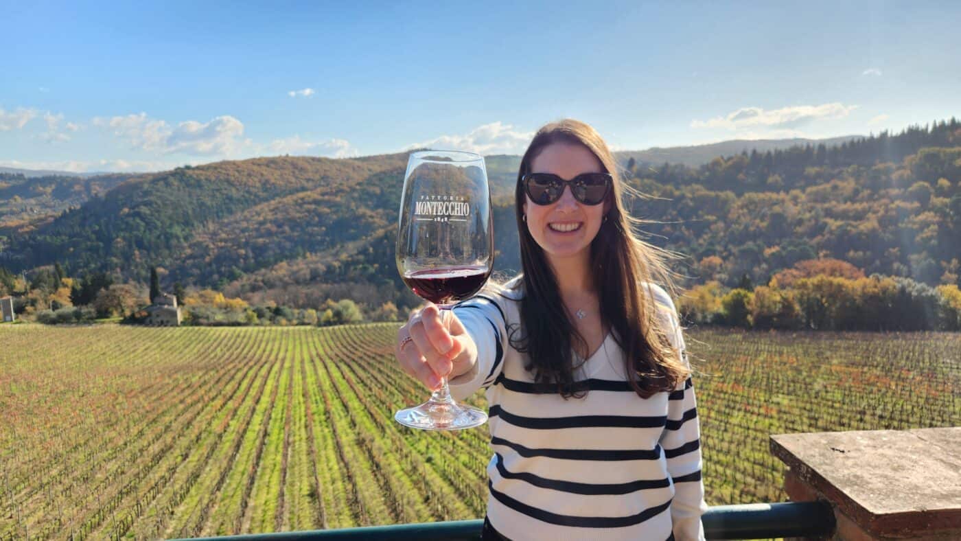 Fattoria Montecchio, chianti wine tour, Sam and wine glass