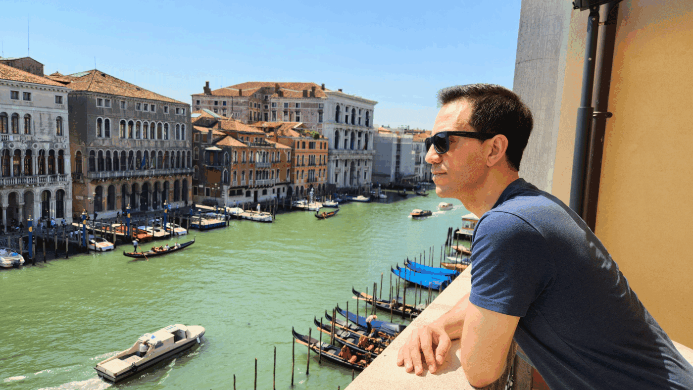 chris overlooking grande canal in venice italy