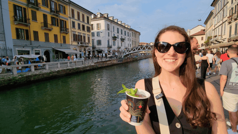 Navigli Neighborhood in Milan, Sam with drink