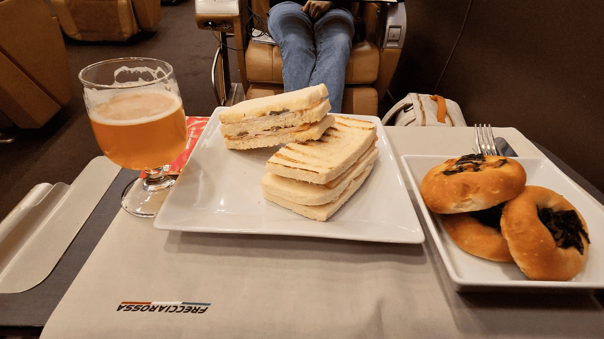 Chris's meal in executive class train in italy