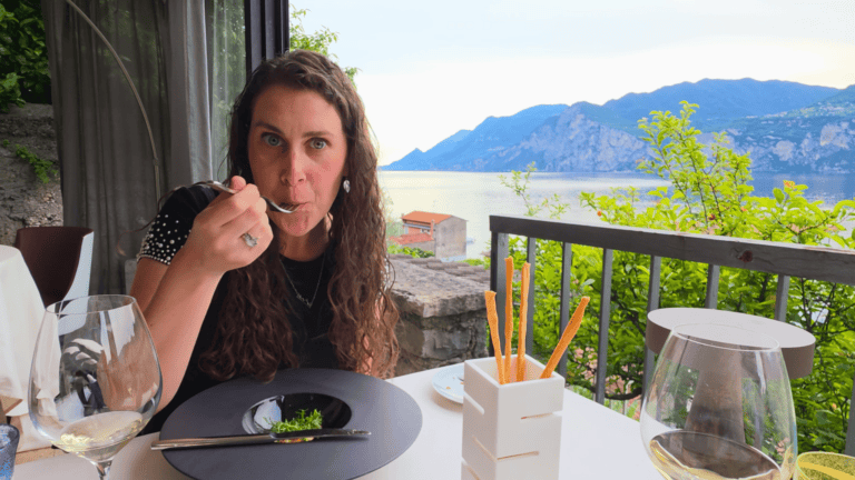 Sam eating, lake garda, italy
