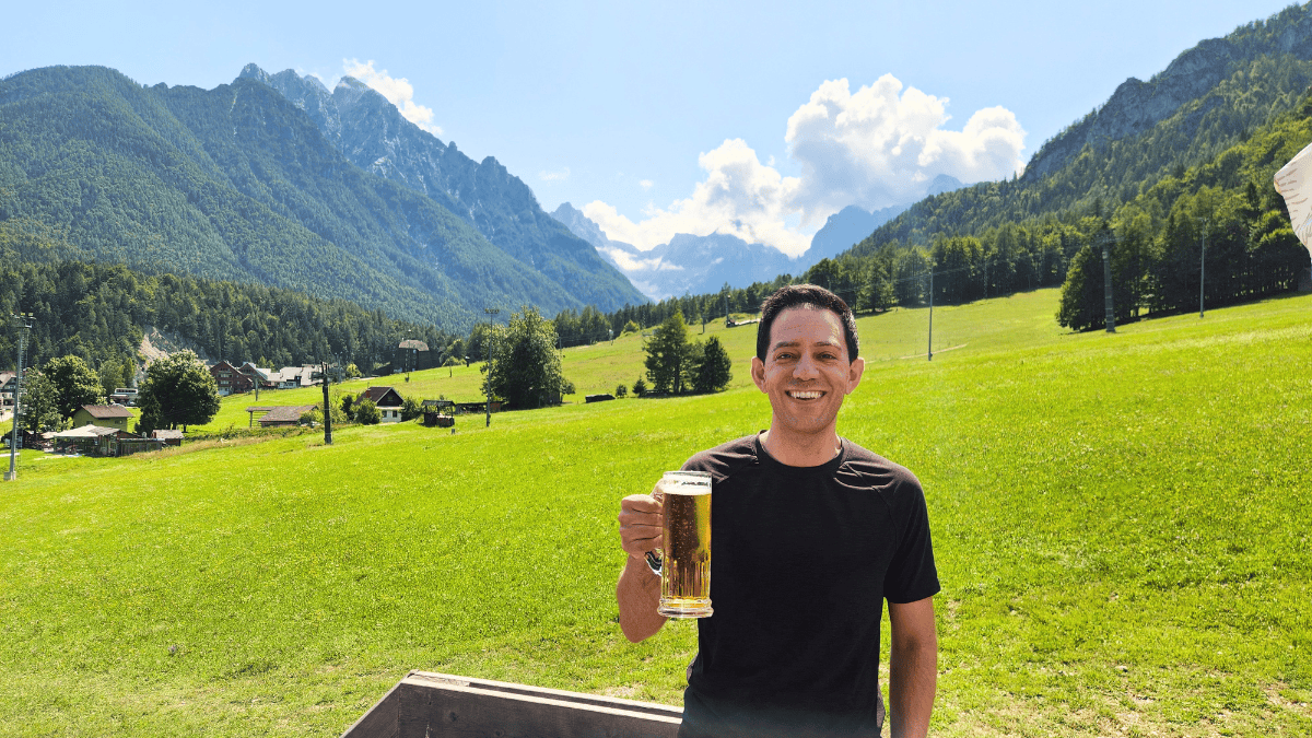 Chris with beer in Slovenia